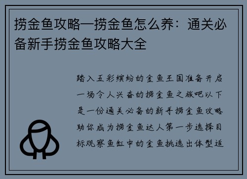 捞金鱼攻略—捞金鱼怎么养：通关必备新手捞金鱼攻略大全